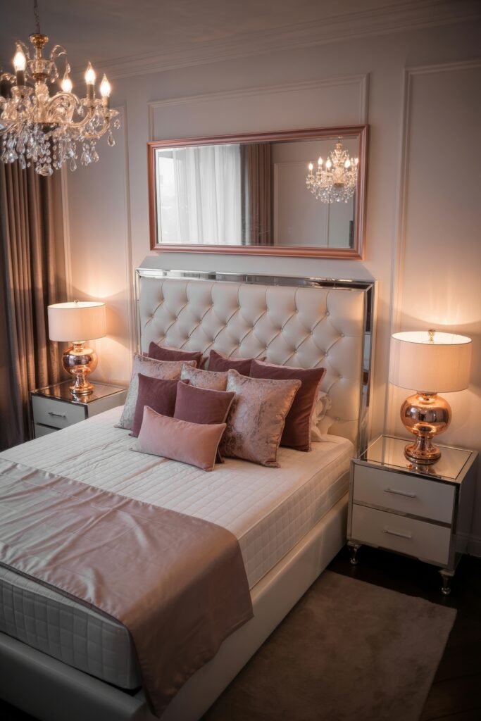 Glam Bedroom Décor: Essential Tips for Luxe Sleep 7 Romantic bedroom with a tufted white bed frame, rose-toned accent pillows, mirrored nightstands, and a glistening chandelier, embodying Glam Bedroom Décor with elegance.