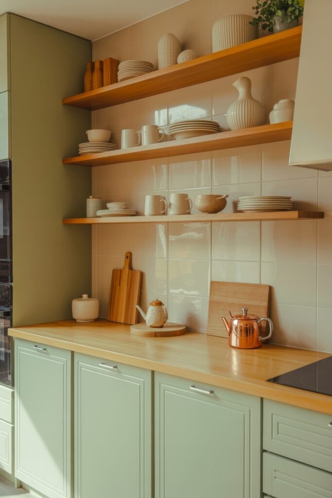 Green Kitchen Cabinets: Stylish Ways to Elevate Style 7 Warm-toned kitchen with light mint green cabinets, wooden countertops, and glossy beige tile backsplash, paired with open shelving displaying neatly arranged dishes and a copper kettle.