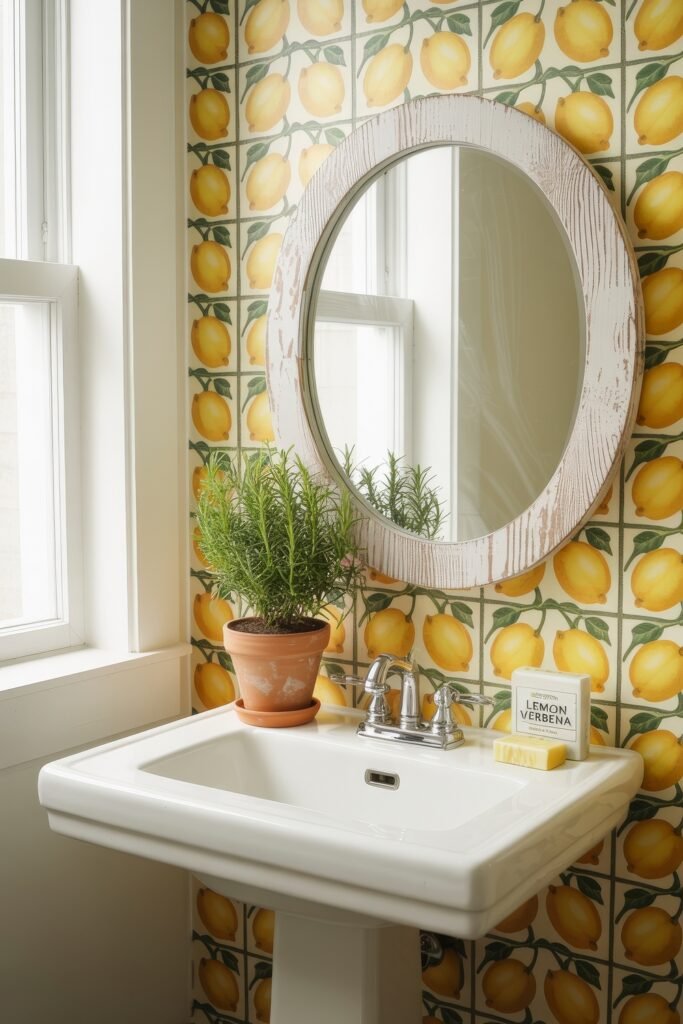 Sunshine on a Budget: Bright Lemon Décor Ideas for Your Home 6 Bright bathroom with lemon-themed wallpaper, a white pedestal sink, a round mirror, and a potted rosemary plant.