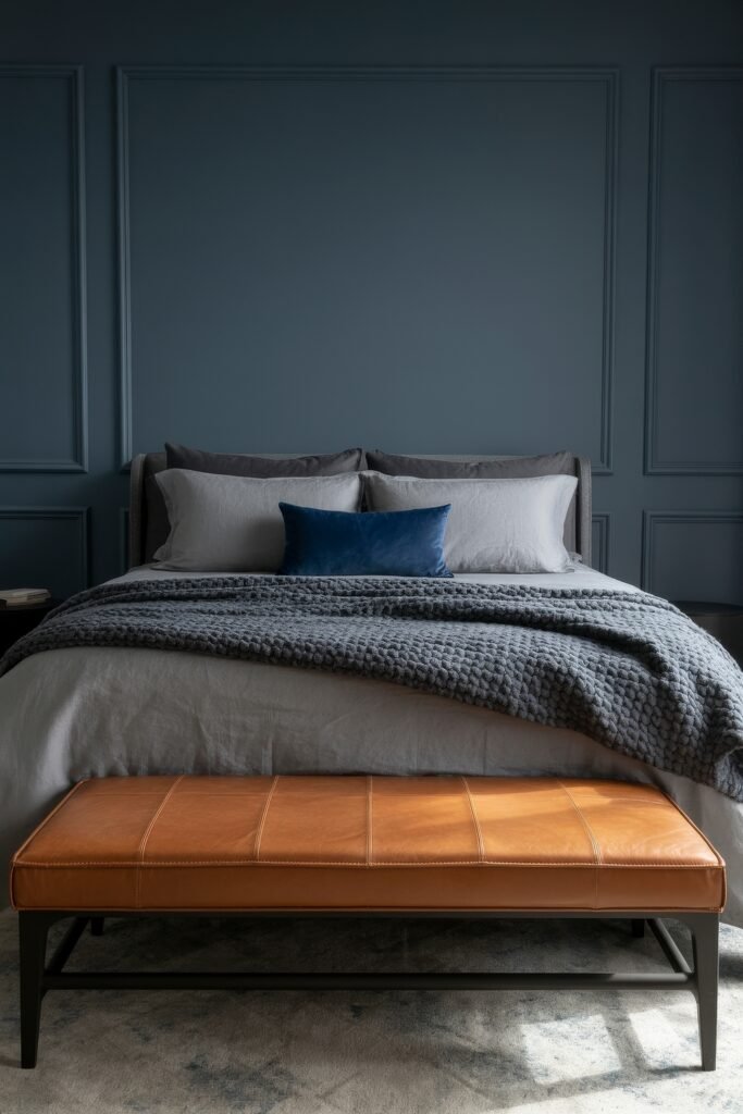 Masculine Luxury Bedroom: Genius Luxe Ideas 7 Understated masculine luxury bedroom featuring slate gray walls, a soft gray bed with layered neutral bedding, a deep blue accent pillow, and a tan leather bench.