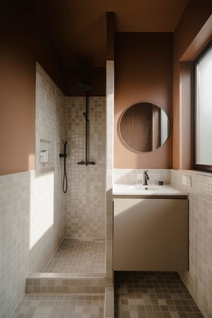 Neutral Bathroom Ideas: Genius Spa-Like Upgrades 7 Walk-in shower and vanity area with brown walls and light square tiles, black fixtures, a circular mirror, and soft natural light creating a cozy, earthy ambiance.