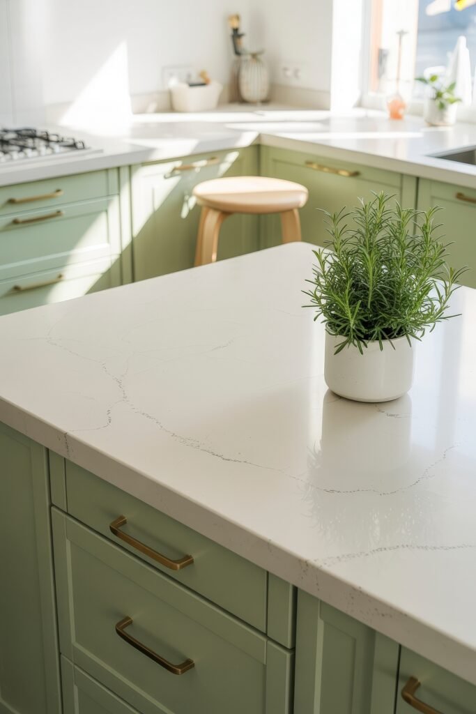 Sage Green Kitchen Bliss: Inspiring Ideas 6 Close-up of a Green-Themed Kitchen with a small potted rosemary plant on a white marble island and soft natural light highlighting gold hardware.