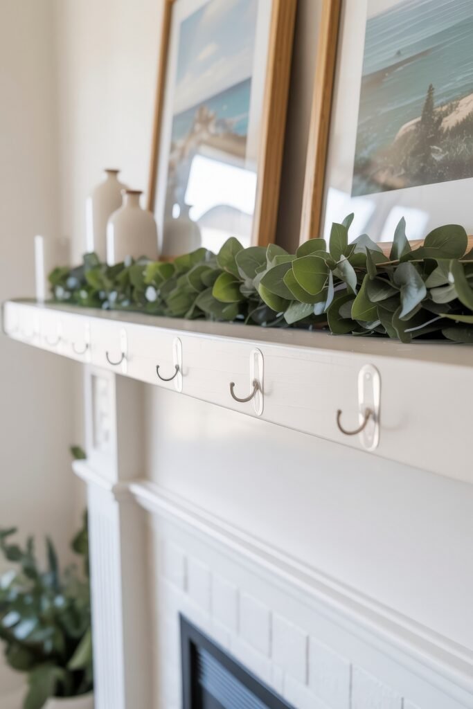 Summer Mantel Decor Tips (Even If You Don’t Have a Fireplace) 8 White mantel with eucalyptus garland, neutral vases, and framed coastal art creating a light and airy summer mantel decor style.