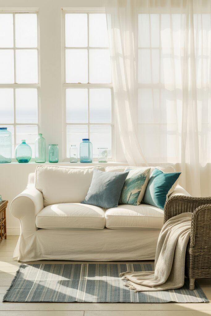 Bright Summer Sunroom Ideas: Airy Decor for Sunny Days 6 Airy sunroom with a white sofa, blue and teal pillows, striped rug, and glass bottles on the windowsill capturing summer light.