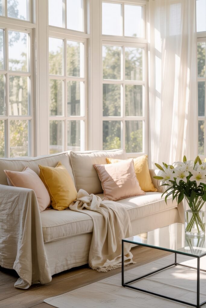 Indoor Sunroom Furniture Ideas for Cozy Winters & Breezy Summers 7 Bright sunroom with a cream sofa, soft pink and yellow pillows, sheer curtains, and fresh lilies on a glass coffee table.