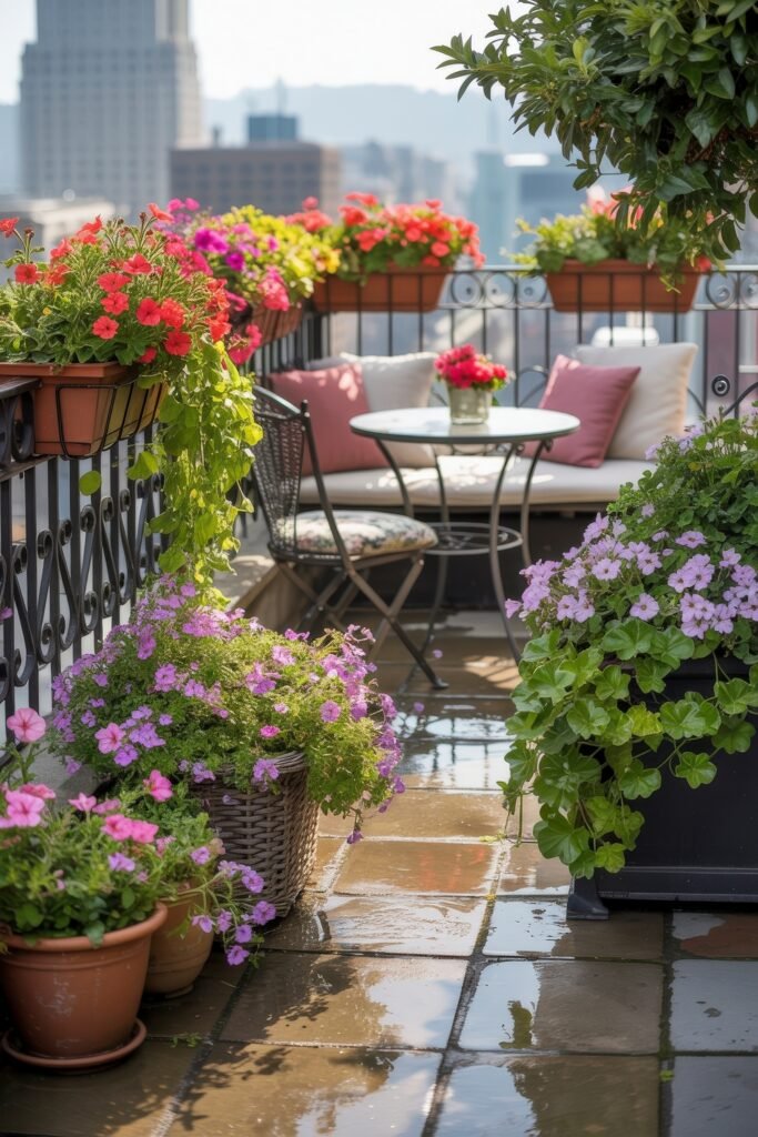 Stylish Rooftop and Terrace Garden Design 8 Bright and colorful balcony garden bursting with petunias and geraniums, surrounding a bistro table and cushioned seating, a vibrant take on Balcony & Terrace Gardening.