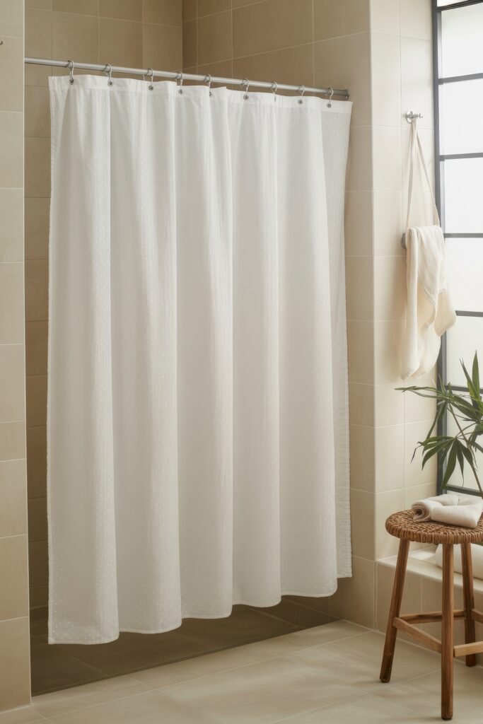 Bathroom Essentials for First Apartment: Genius Must-Haves 10 Elegant white shower curtain with subtle texture hanging in a beige-tiled bathroom, complemented by a wooden stool, towels, and natural light—ideal for First Apartment Planning.