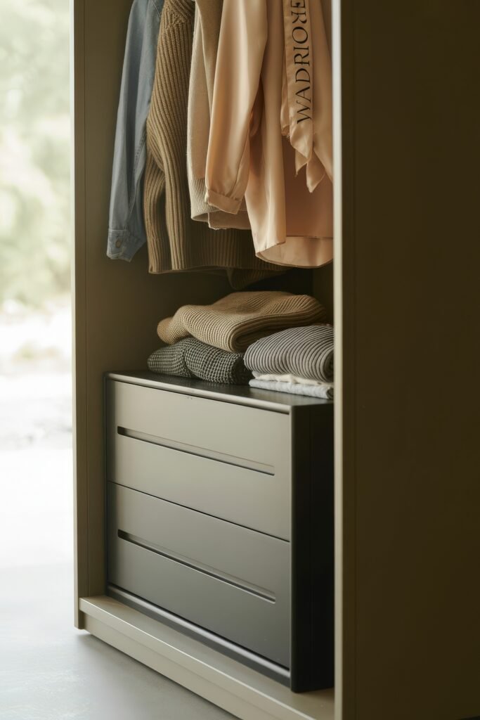 Bedroom Essentials for Your First Apartment: 12 Genius Must-Haves 7 Compact closet space showing folded knitwear on a shelf above a sleek three-drawer unit, with hanging clothes in neutral tones, offering practical and stylish bedroom organization for first apartment.