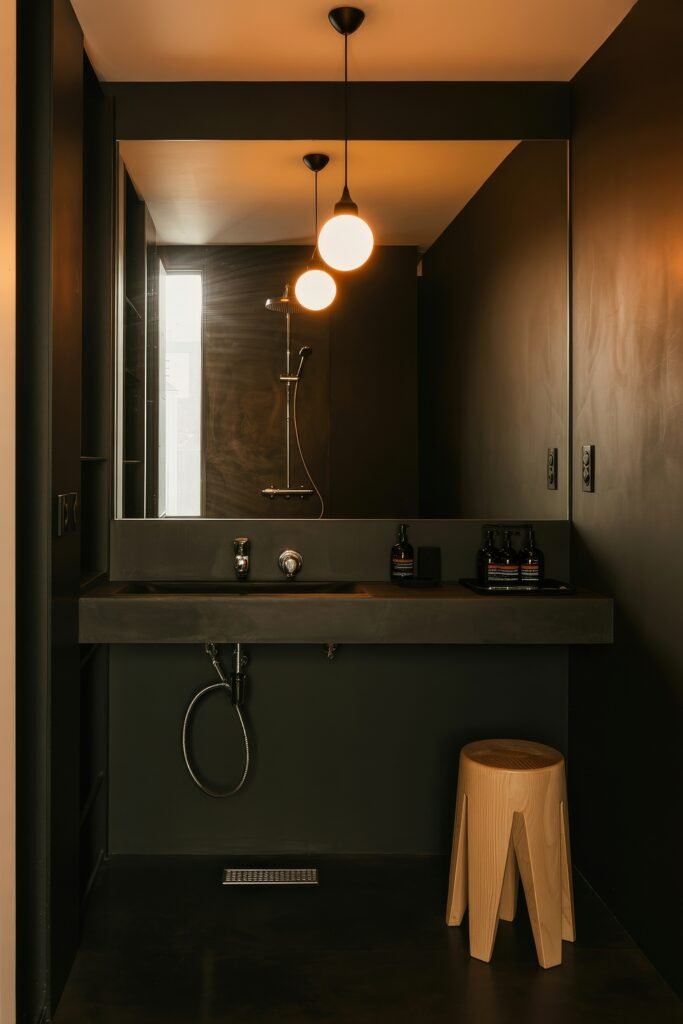 Black Bathroom Ideas: Genius Ways to Create Moody Glam 8 Sleek walk-in bathroom with a dark concrete vanity, round wood stool, suspended globe lights, and a rainfall shower reflected in the large mirror, emphasizing Black Bathroom Ideas.