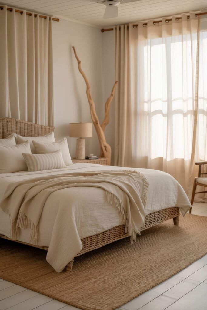 Coastal Summer Vibes for City Apartments 9 Neutral-toned bedroom with a wicker bed frame, soft beige linens, and driftwood accents, evoking a serene summer décor feel.