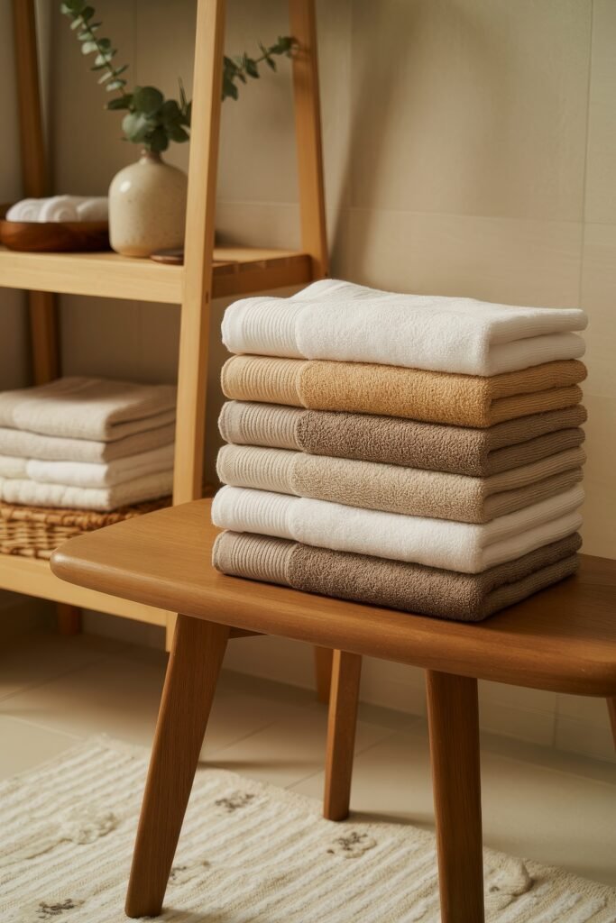 Cream Bathroom Ideas: Genius Ways to Warm Up Your Space 9 Stack of neutral-toned folded towels on a wooden bench, set beside a bamboo shelf with matching linens and a ceramic vase in a calm, organized space.