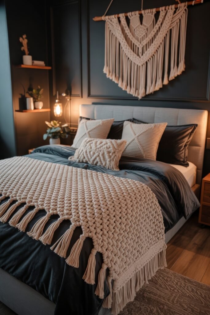 Dark Boho Bedroom Ideas: Unexpected Tricks for Cozy Drama 8 Stylish Dark Boho Bedroom with a dark paneled wall, soft gray bed, chunky knit blanket, macrame artwork, and warm lighting that highlights the textured decor.