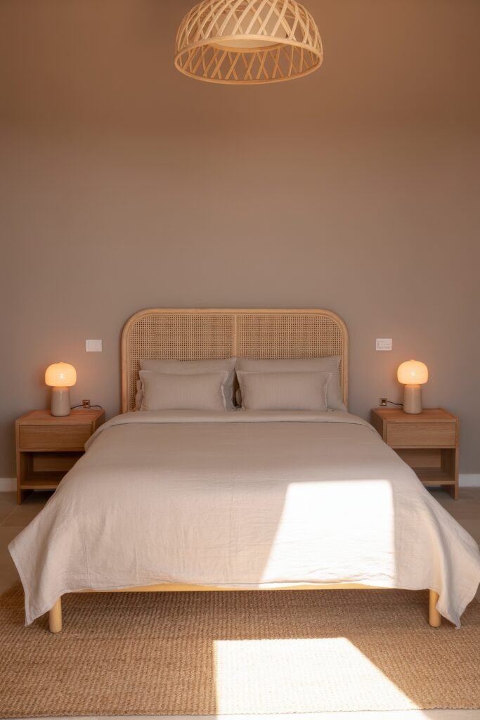 Earthy Bedroom Ideas: 12 Essential Ways to Elevate Your Space 7 Earth-toned bedroom with a simple design, showcasing a neutral beige bedspread, rattan headboard, warm wooden nightstands, and a woven pendant light.