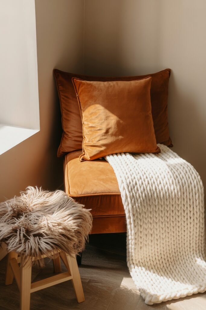 Cozy Fall Sunroom Ideas: Autumn Decor for a Warm Retreat 8 Cozy corner with a burnt orange velvet chair, cream chunky knit blanket, and a small fur-covered stool.