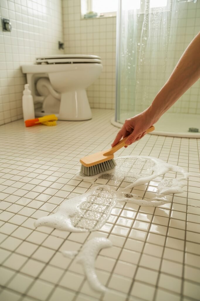 First Apartment Checklist: Essential Tips You’ll Love 8 Hand scrubbing a tiled bathroom floor with a brush and soap, with a toilet, shower, and cleaning supplies in view—an important task on a first apartment checklist.