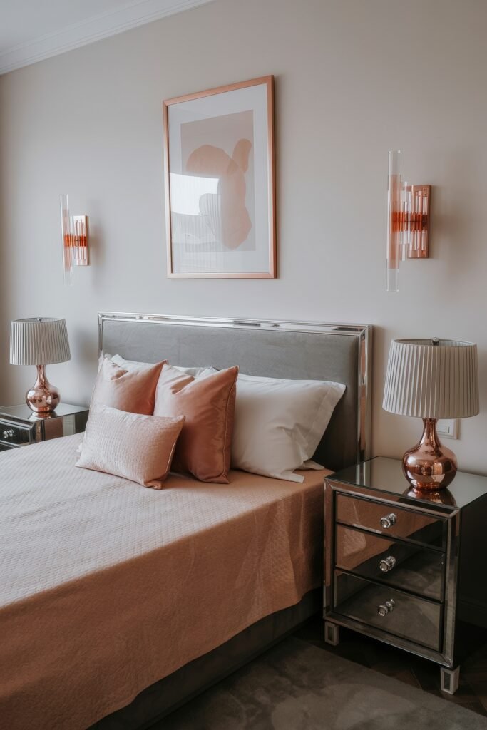 Glam Bedroom Décor: Essential Tips for Luxe Sleep 8 Modern bedroom with a minimalist setup, featuring a sleek mirrored bed frame, blush bedding, rose gold accents, and matching bedside lamps, achieving a soft and refined Glam Bedroom Décor feel.