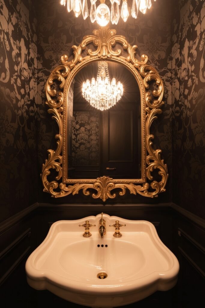 Gothic Bathroom Ideas: Genius Touches for Moody Glam 9 Dramatic powder room featuring a sculptural white sink, gold vintage mirror, and a grand chandelier reflecting in dark floral wallpaper, highlighting Gothic opulence.