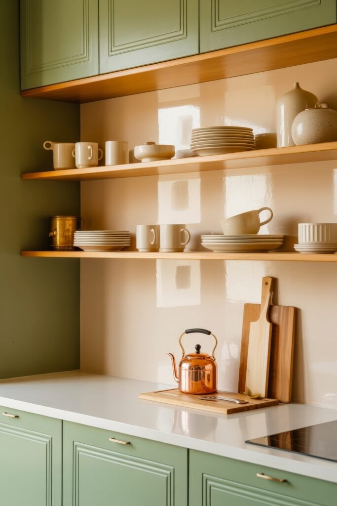 Green Kitchen Cabinets: Stylish Ways to Elevate Style 8 Sunlit kitchen with light green cabinets, warm wood shelves, and glossy beige wall tiles, styled with cream ceramic dishes and a copper kettle on a white countertop.