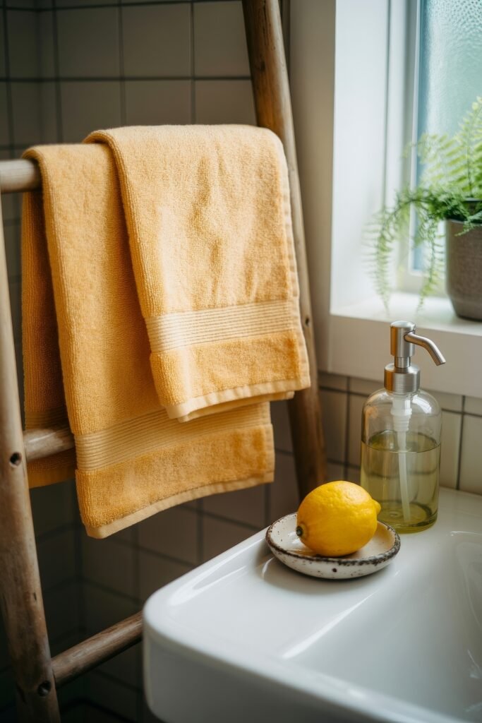 Sunshine on a Budget: Bright Lemon Décor Ideas for Your Home 7 Minimalist bathroom with yellow towels, a lemon on a ceramic dish, and a glass soap dispenser beside a window.