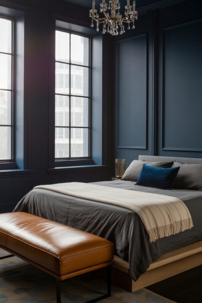 Masculine Luxury Bedroom: Genius Luxe Ideas 8 Sophisticated bedroom with tall windows and deep blue walls, featuring a bed in charcoal linens, cream throw, blue velvet cushion, and a warm leather bench under a chandelier.