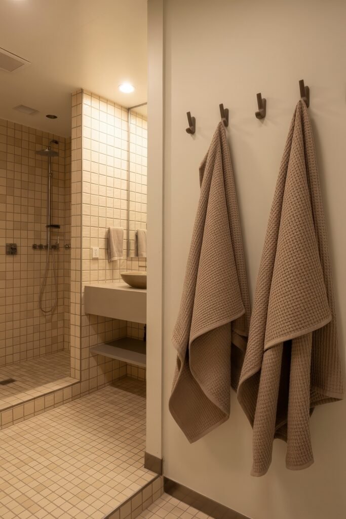 Neutral Bathroom Ideas: Genius Spa-Like Upgrades 8 Bathroom with beige tiled walls and floors, featuring soft-textured towels hanging on hooks and a tiled walk-in shower with a rainhead and built-in shelf.
