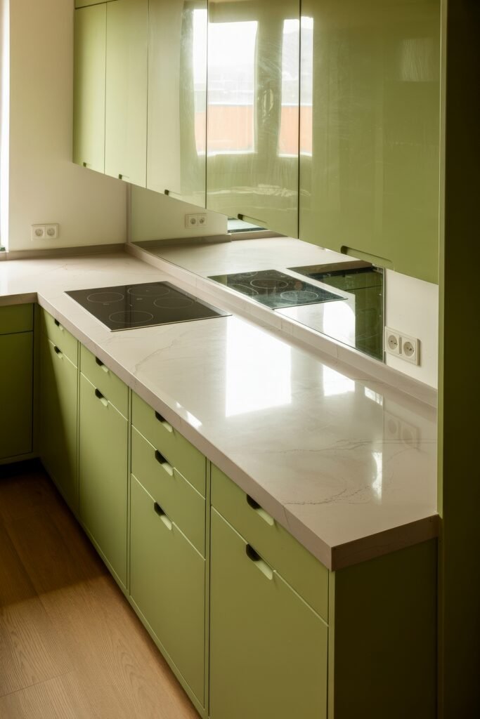 Sage Green Kitchen Bliss: Inspiring Ideas 7 Modern kitchen with glossy sage green cabinets, mirrored backsplash, and light countertops, creating a sleek, reflective space.