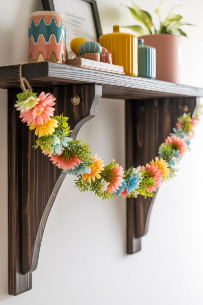 Summer Mantel Decor Tips (Even If You Don’t Have a Fireplace) 9 Dark wood shelf with colorful flower garland and vibrant vases adding a playful touch of summer décor.