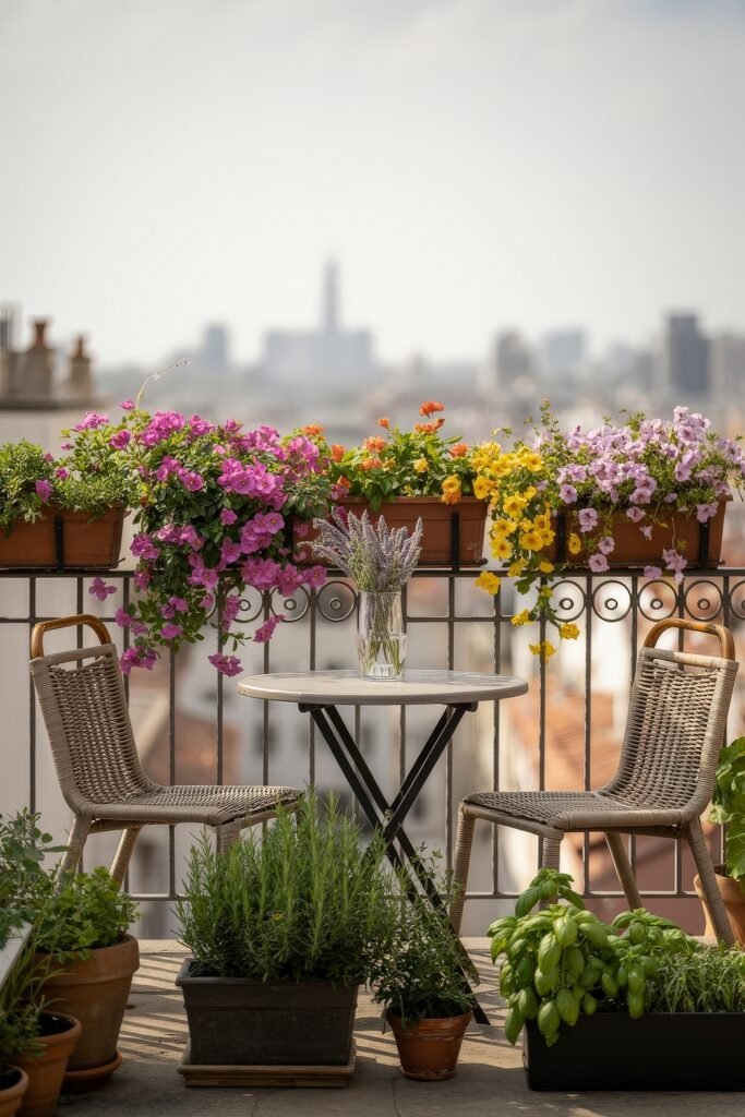 Stylish Rooftop and Terrace Garden Design 9 Balcony bistro setup with woven chairs and a round table, surrounded by colorful petunias and potted herbs like basil and rosemary, embodying charming Balcony & Terrace Gardening.