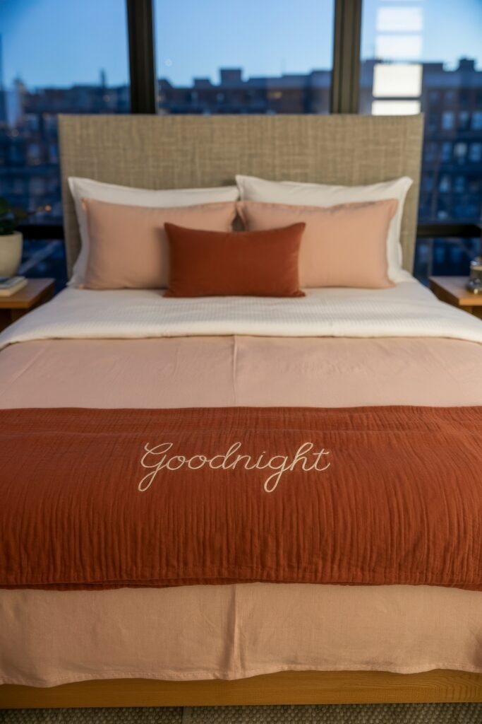 Terracotta Bedroom Ideas: Genius Ways to Glow 9 Modern bedroom with large windows, cityscape view, neutral bedding, blush and rust accent pillows, and a terracotta throw embroidered with “Goodnight.”