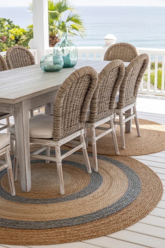 Coastal Summer Vibes for City Apartments 10 Outdoor dining area with woven chairs, a rustic wood table, and ocean views, perfect for coastal summer decor.