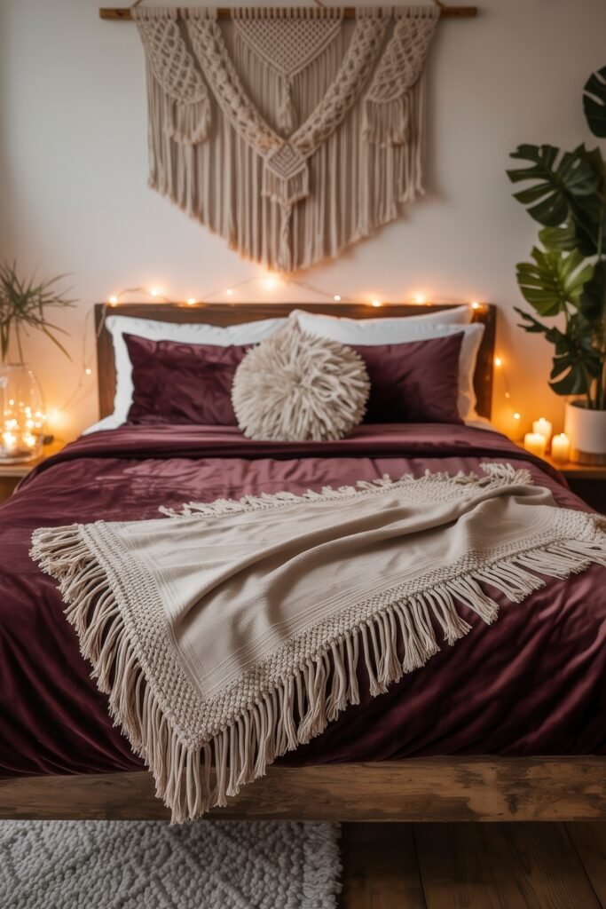 Dark Boho Bedroom Ideas: Unexpected Tricks for Cozy Drama 9 Cozy Bohemian bedroom with burgundy bedding, a cream fringed throw, macrame wall hanging, warm string lights, and glowing candles for a soft, romantic ambiance.