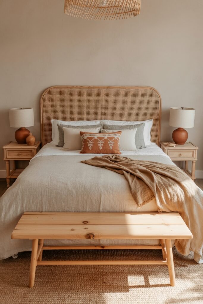 Earthy Bedroom Ideas: 12 Essential Ways to Elevate Your Space 8 Natural-style bedroom with a rattan headboard, off-white bedding, terracotta and cream accent pillows, matching ceramic lamps, and a pine wood bench.