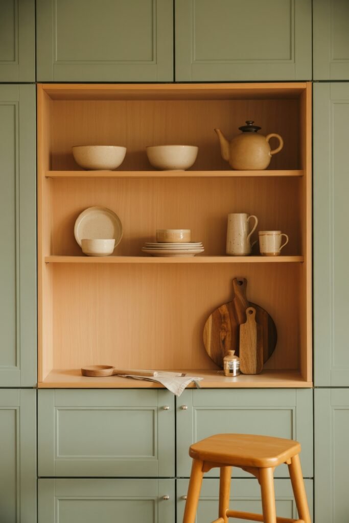 Green Kitchen Cabinets: Stylish Ways to Elevate Style 9 Built-in kitchen nook with muted green panel cabinetry, natural wood shelving, and neutral-toned ceramic dishware, completed with a wooden stool and cutting boards for a rustic touch.