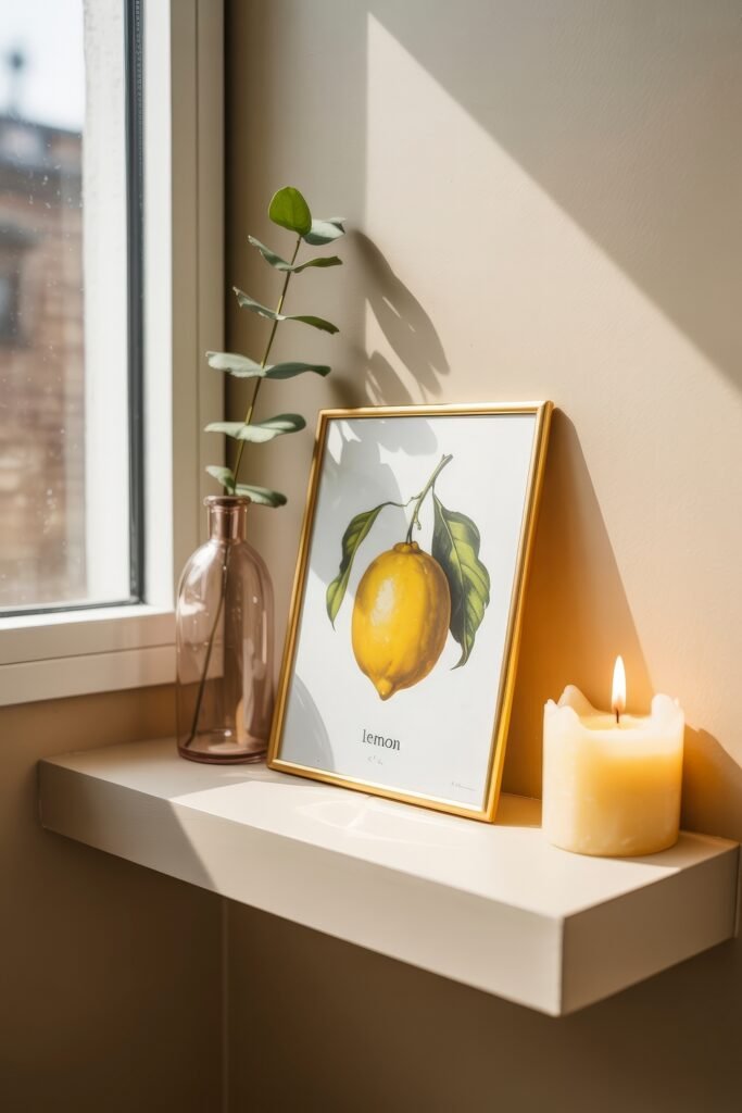 Sunshine on a Budget: Bright Lemon Décor Ideas for Your Home 8 Minimal wall shelf with a framed lemon print, a brown glass vase holding a green stem, and a candle lit by the window.