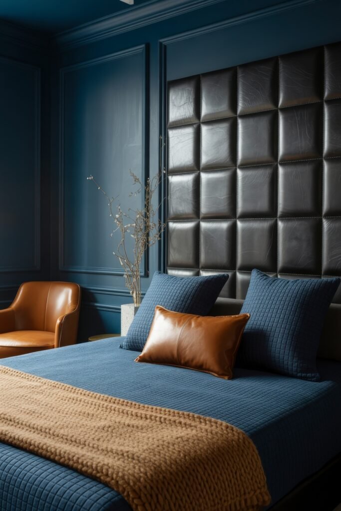 Masculine Luxury Bedroom: Genius Luxe Ideas 9 Modern masculine bedroom styled with navy paneled walls, a black padded headboard, a blue textured bedspread, and caramel leather accent pillows and chair, blending comfort and luxury.
