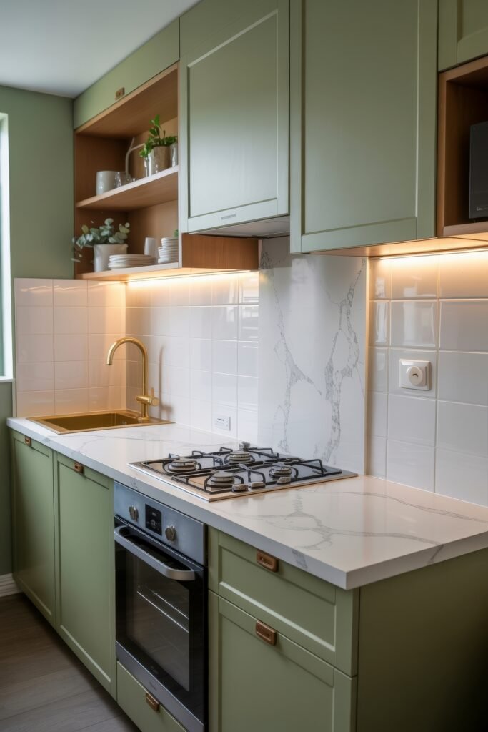 Sage Green Kitchen Bliss: Inspiring Ideas 8 Compact linear kitchen with muted sage green cabinetry, white tile backsplash, brass fixtures, and under-cabinet lighting for a warm, refined ambiance.