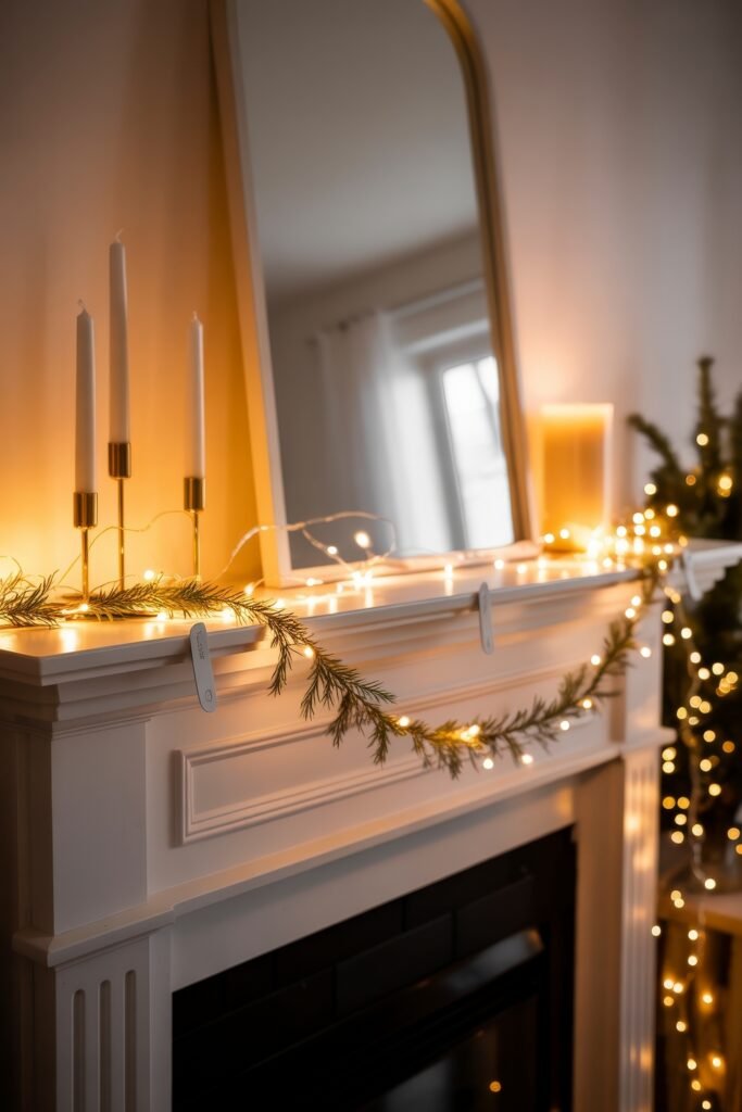 Summer Mantel Decor Tips (Even If You Don’t Have a Fireplace) 10 Elegant white mantel with gold candle holders, greenery garland, and string lights creating a cozy glow.