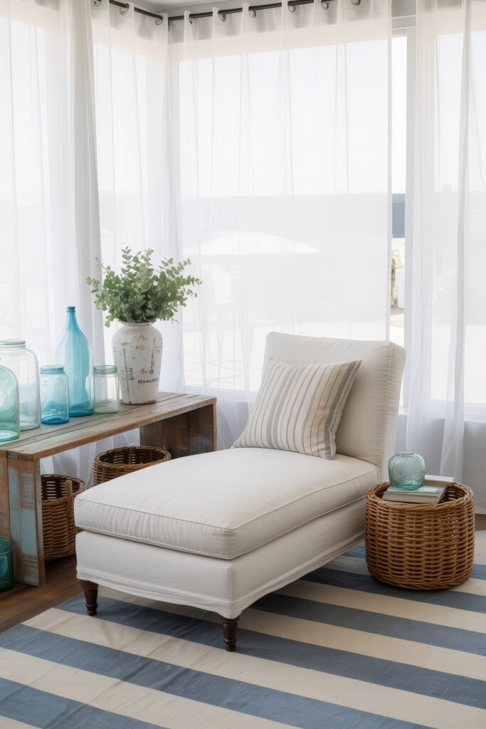 Bright Summer Sunroom Ideas: Airy Decor for Sunny Days 8 Relaxing summer sunroom with a white chaise lounge, striped pillow, rustic wooden console, glass jars, and a woven basket for a breezy vibe.1/2