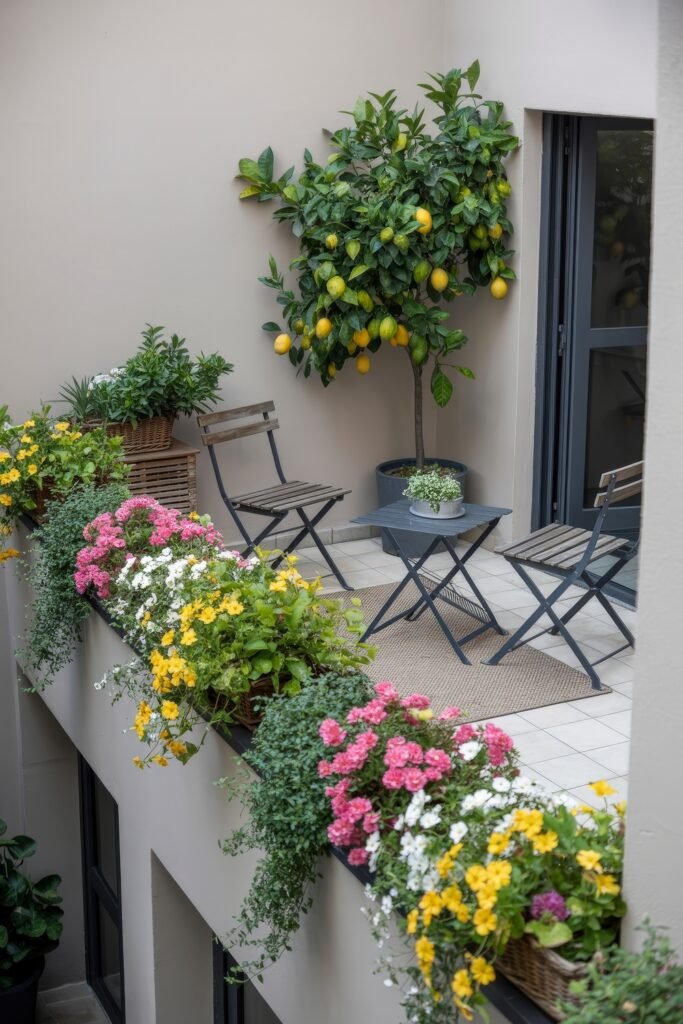 Stylish Rooftop and Terrace Garden Design 10 Cozy balcony with a potted lemon tree, black metal chairs, and vibrant floral displays in baskets lining the railing, offering fresh terrace garden ideas.