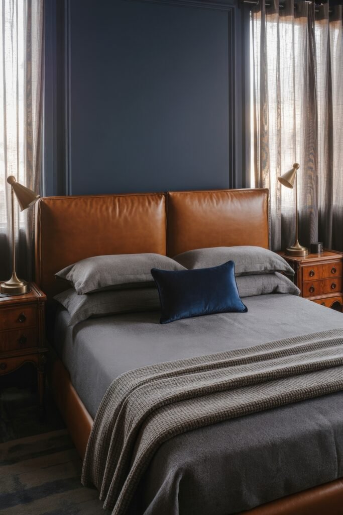 Masculine Luxury Bedroom: Genius Luxe Ideas 10 Masculine luxury bedroom with a caramel leather headboard, layered gray bedding, a navy velvet pillow, and vintage wood nightstands under soft curtain-filtered light.