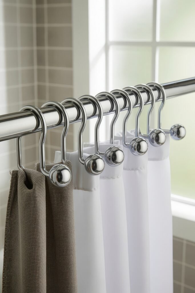 Bathroom Essentials for First Apartment: Genius Must-Haves 11 Close-up view of shiny metal shower curtain hooks holding both a white curtain and a patterned liner on a chrome rod, showcasing simple yet essential bathroom hardware.