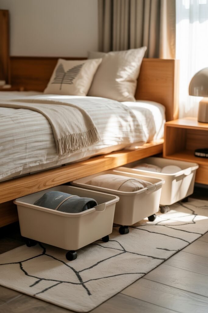 Bedroom Essentials for Your First Apartment: 12 Genius Must-Haves 8 Bedroom with a wooden bed frame and three beige rolling storage bins neatly tucked underneath, each containing folded linens—an efficient and stylish solution for bedroom essentials for first apartment.