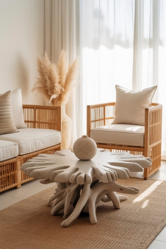 Coastal Summer Vibes for City Apartments 11 Bright living room with rattan seating, pampas grass, and a sculptural driftwood coffee table, adding a natural summer décor touch.