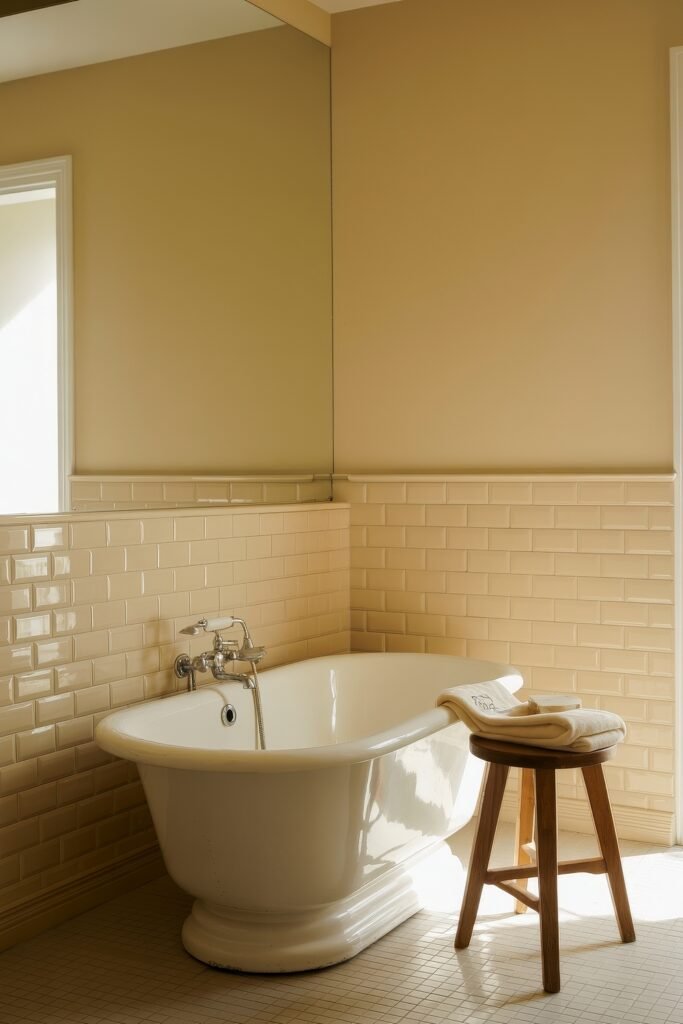 Cream Bathroom Ideas: Genius Ways to Warm Up Your Space 10 Classic clawfoot bathtub in a beige-tiled bathroom with a large wall mirror, soft lighting, and a wood stool holding folded towels for a timeless Neutral & White Bathroom Themes setting.
