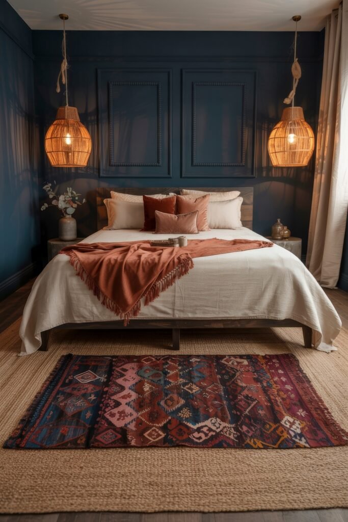 Dark Boho Bedroom Ideas: Unexpected Tricks for Cozy Drama 10 Elegant Bohemian bedroom with deep blue walls, neutral bedding, rust-colored accents, woven pendant lights, and a patterned kilim rug for a rich, earthy tone.