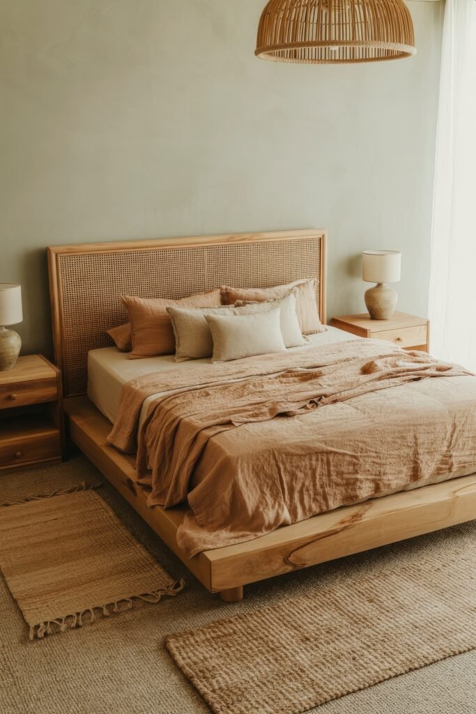 Earthy Bedroom Ideas: 12 Essential Ways to Elevate Your Space 9 Earthy Bedroom Idea featuring a platform bed with textured tan linen, a rattan headboard, rustic wooden nightstands, and layered jute rugs.