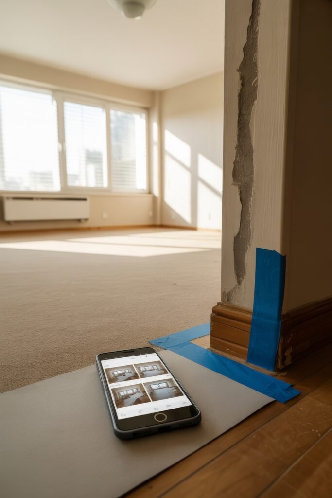 First Apartment Checklist: Essential Tips You’ll Love 9 Damaged corner wall in an empty apartment marked with blue painter’s tape, with a smartphone showing inspection photos—documenting rental unit conditions during First Apartment Planning.