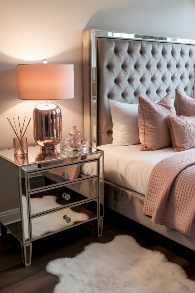 Glam Bedroom Décor: Essential Tips for Luxe Sleep 9 Elegant bedside vignette with a mirrored nightstand, rose gold lamp, pink accents, and a tufted headboard bed, layered over a white faux fur rug for a polished Glam Bedroom Décor touch.
