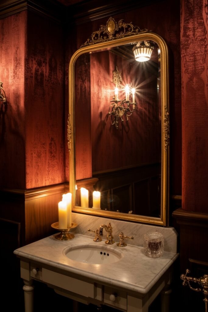 Gothic Bathroom Ideas: Genius Touches for Moody Glam 11 Vintage-style vanity with a marble countertop, gold fixtures, and a grand ornate mirror, set against deep red textured walls with candlelight for a timeless Gothic Bathroom Ideas ambiance.