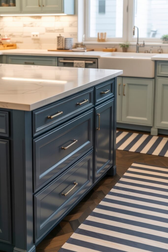 Green Kitchen Cabinets: Stylish Ways to Elevate Style 10 Contemporary kitchen with a navy blue island, gold hardware, and a polished white countertop, set against pale green cabinetry and a striped navy and white rug.